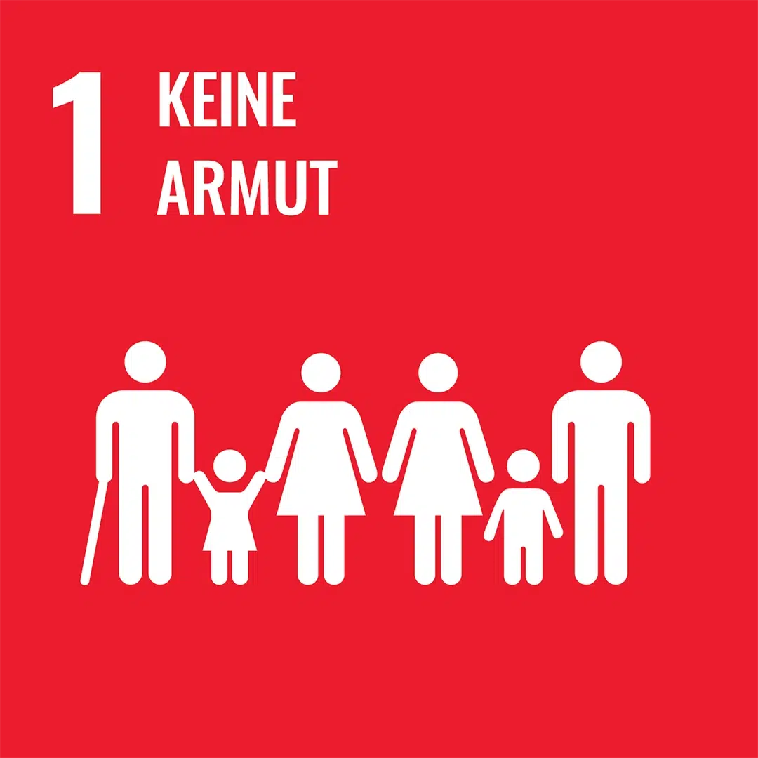 Rotes Icon zu SDG 1 ‚Keine Armut‘ mit stilisierten Menschen in weiß.