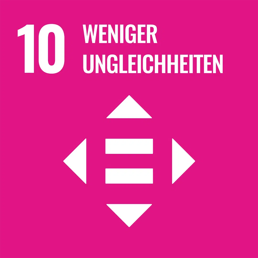 Pinkes SDG-Icon 10 ‚Weniger Ungleichheiten‘ mit Pfeilen um drei horizontale Balken.