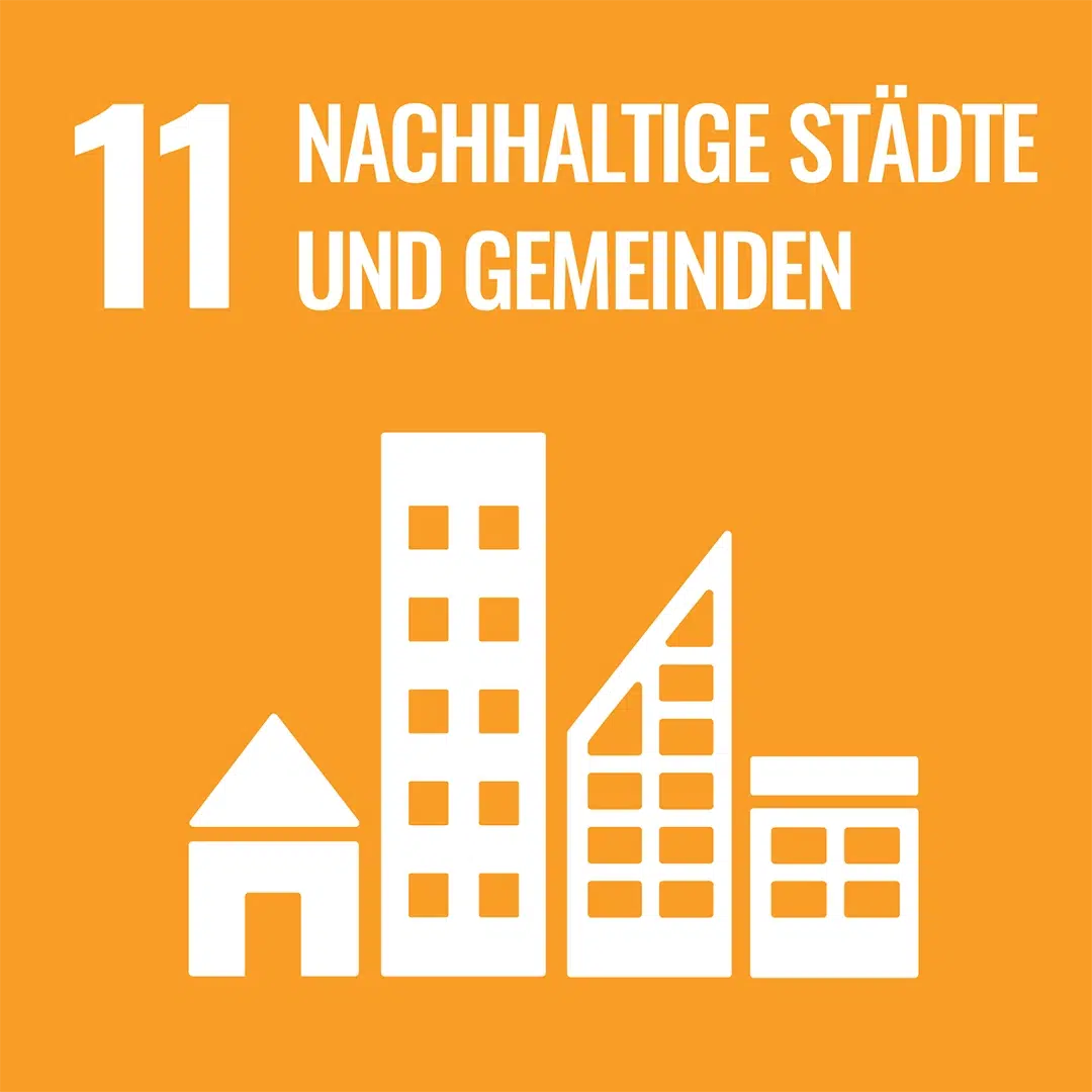 Orangefarbenes SDG-Icon 11 ‚Nachhaltige Städte und Gemeinden‘ mit stilisierten Gebäuden.