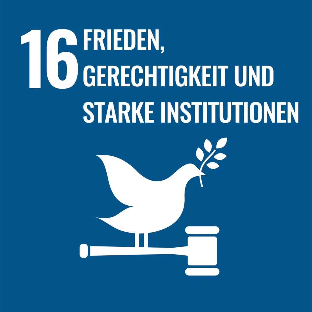 Blaues SDG-Icon 16 mit weißer Friedenstaube auf Richterhammer und Olivenzweig im Schnabel.