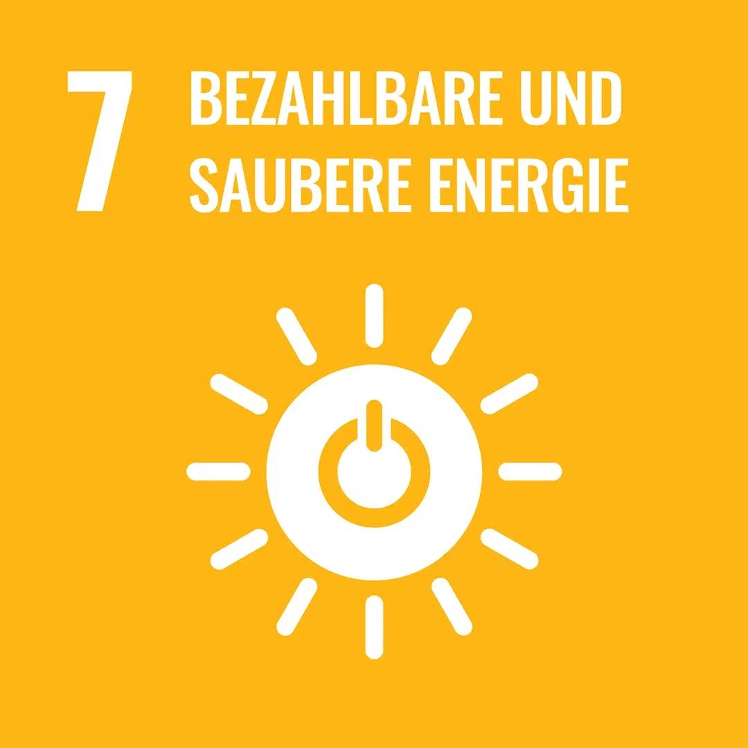Gelbes Icon zu SDG 7 ‚Bezahlbare und saubere Energie‘ mit stilisierter Sonne.