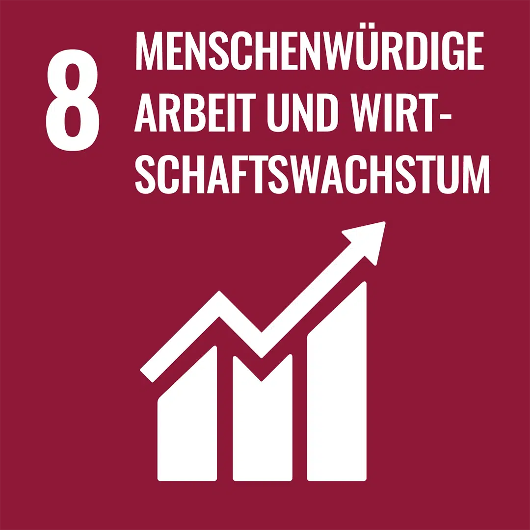 Weinrotes Icon zu SDG 8 ‚Menschenwürdige Arbeit und Wirtschaftswachstum‘ mit Balkendiagramm.