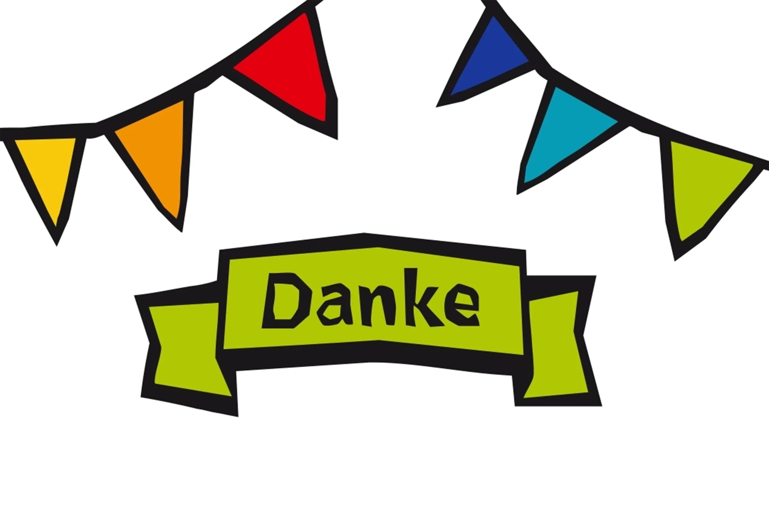 Buntes Schild mit dem Wort "Danke" umrahmt von bunten Wimpeln.