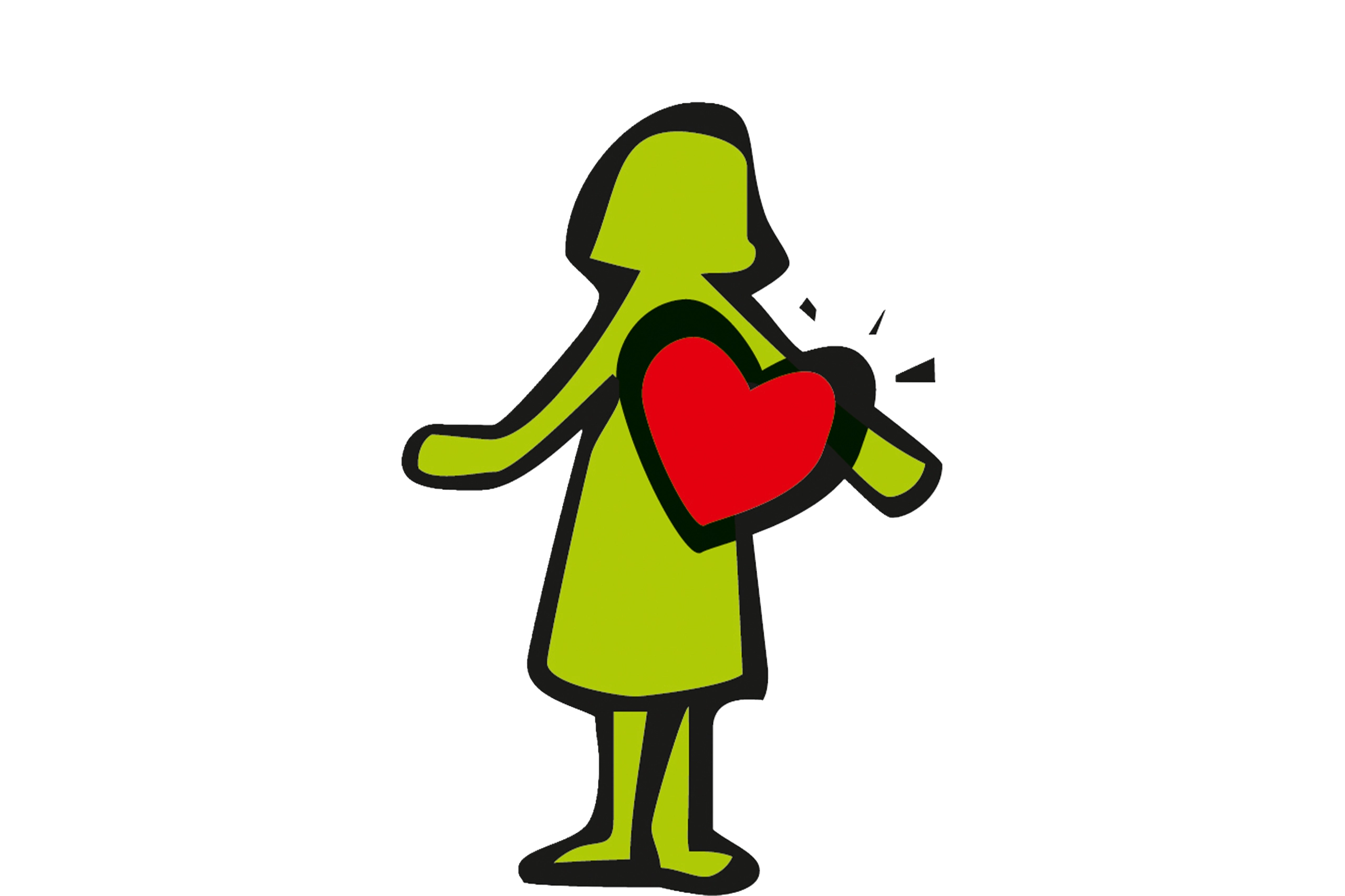 Eine grüne Figur hält ein rotes Herz in der linken Hand und strahlt Freude aus.