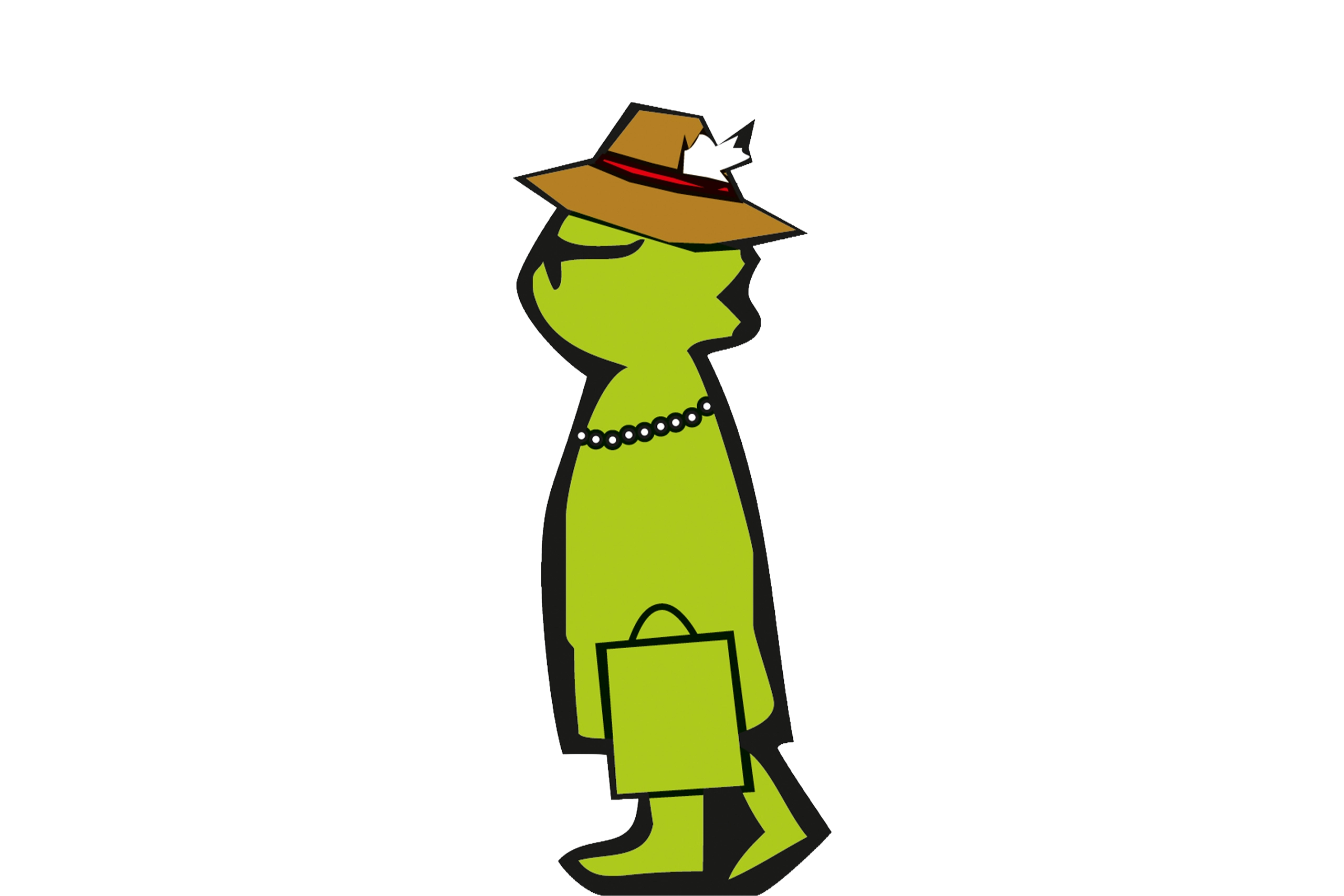 Illustration einer grünen Figur mit Hut, Perlenkette und Einkaufstasche.