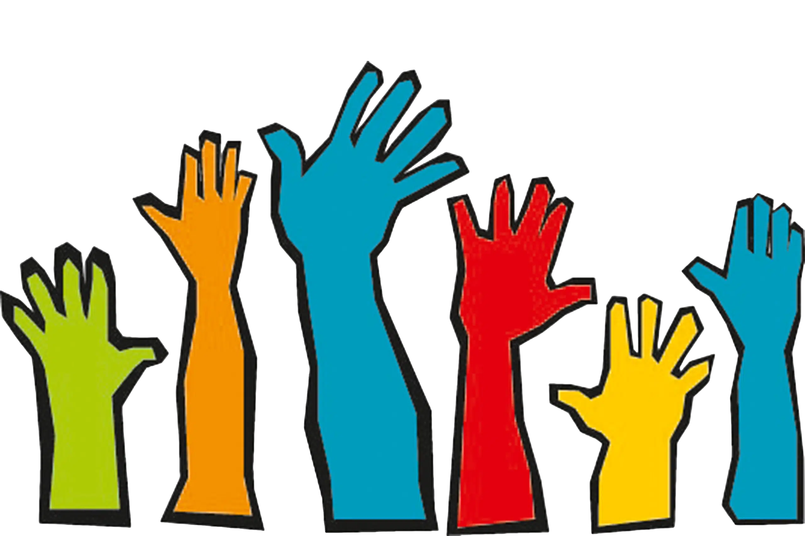 Bunte Hände in verschiedenen Farben heben sich, symbolisieren Beteiligung und Gemeinschaft.