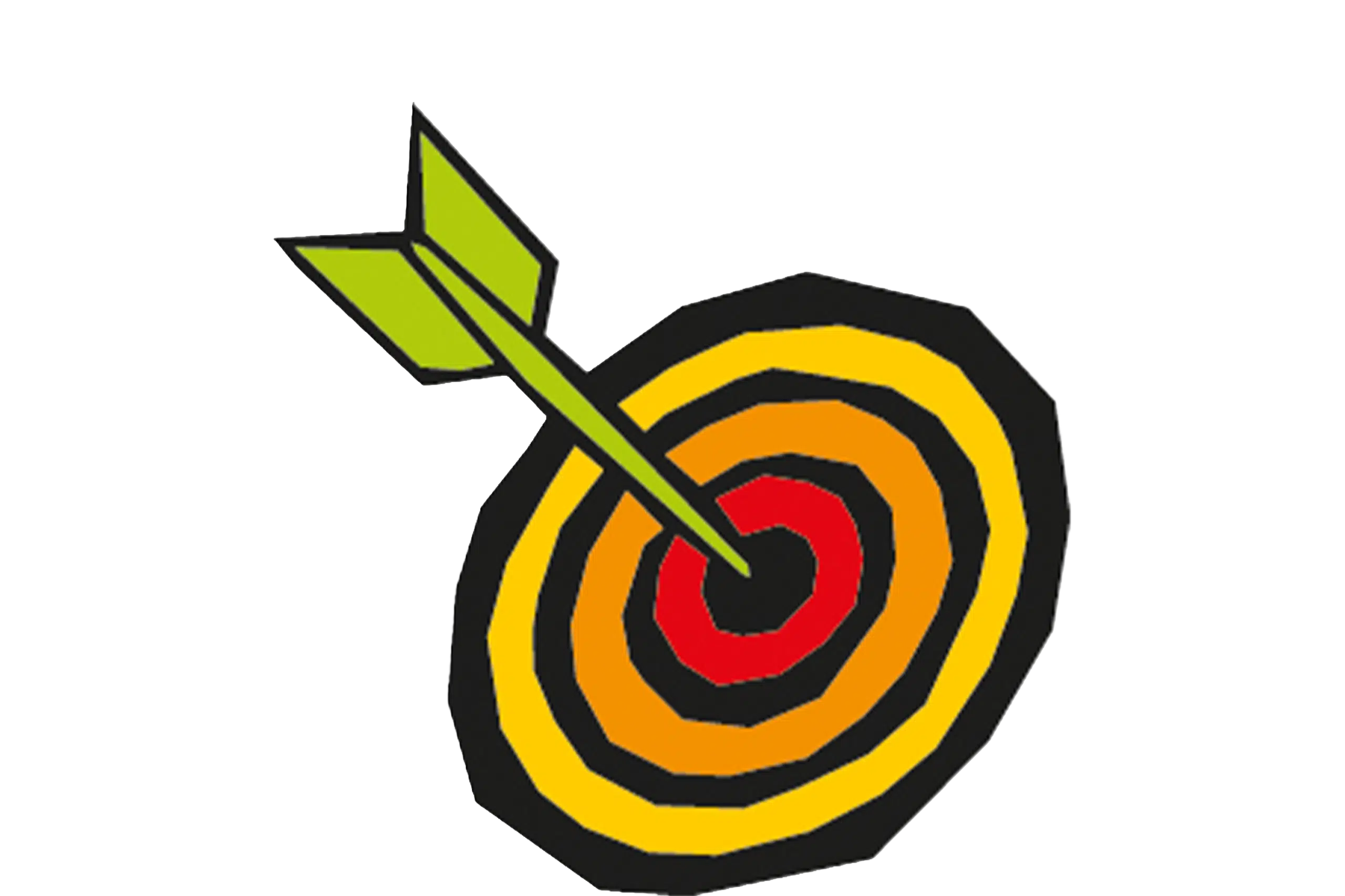 Eine farbenfrohe Zielscheibe mit einem Pfeil, der in die Mitte zeigt.