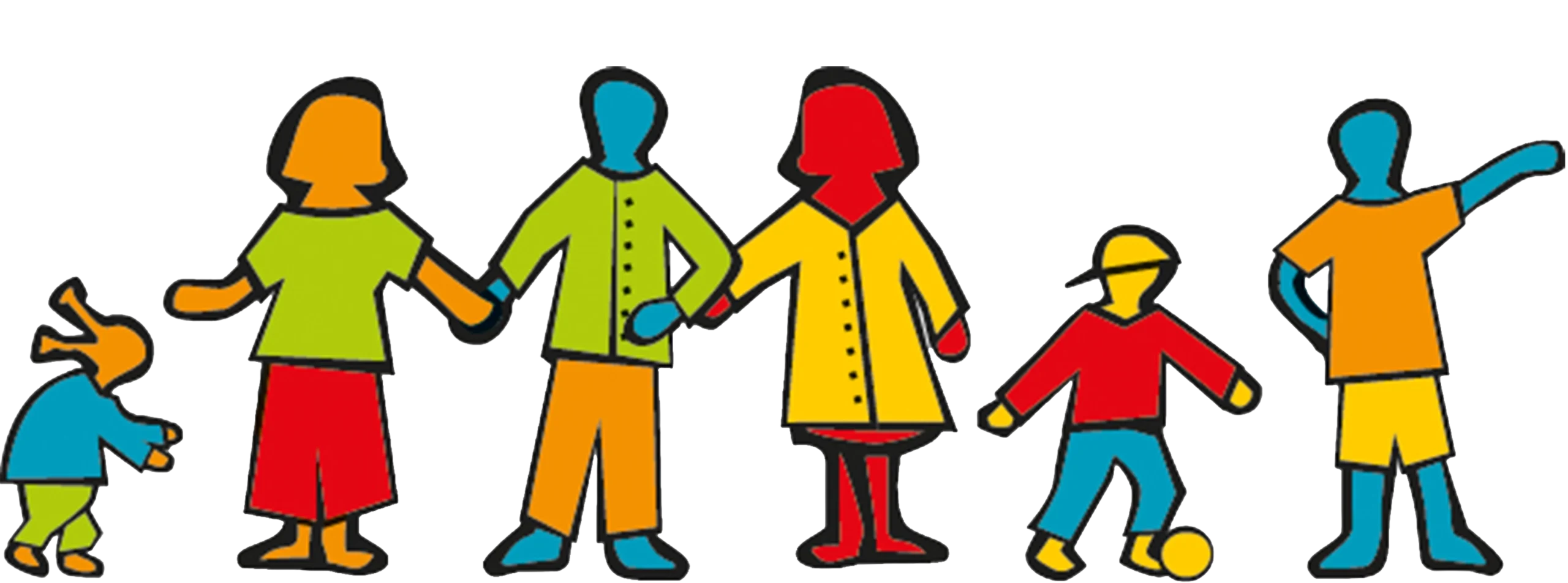 Bunte Illustration mehrerer Figuren, darunter Erwachsene, Kinder und ein Kleinkind.